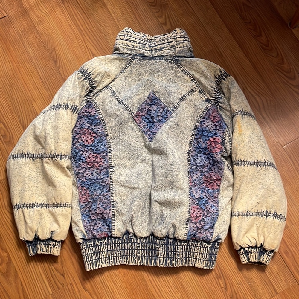 Vintage Acid Wash Denim Tie Dye Lace Quilted Puffer Stand Collar Jacket - Picture 9 of 12